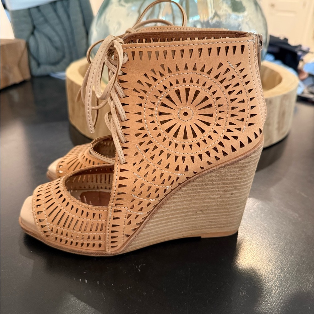 Jeffrey Campbell Rodillo Laser Cut Lace Up Open Toe Wedge Sandal 🩵 Size 8